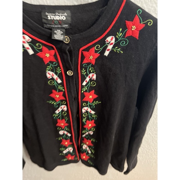 Studio Joy Christmas Cardigan Women Size PM Button Up Poinsettia - Picture 3 of 6